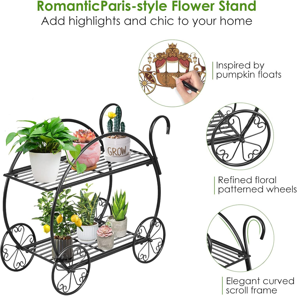 S AFSTAR Metal Plant Stand, Two Tiered Garden Cart Shelf for Indoor Outdoor Home Garden Patio