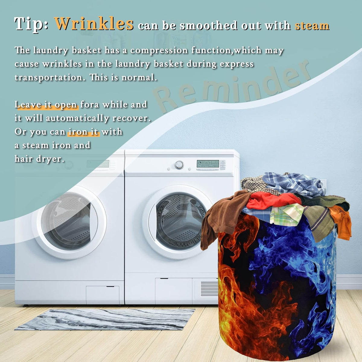Red Blue Fire Flame Laundry Basket Foldable With Handles Cool Tote Bag Oxford Cloth Colorful