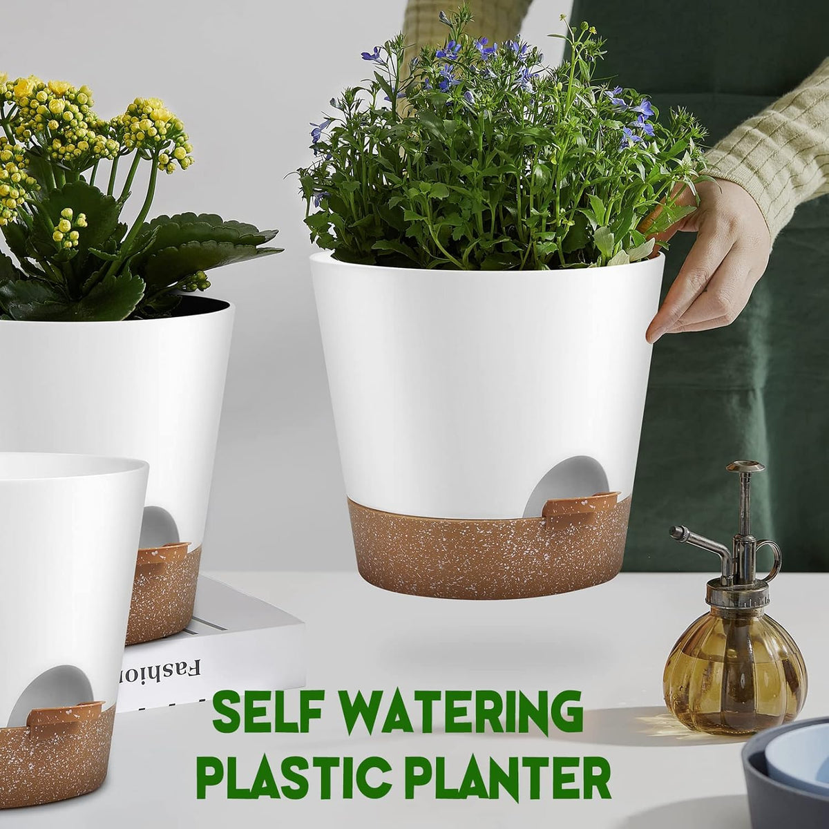 Indoor Outdoor Plant Pots- Self Watering Planters with Drainage Holes and Saucers, 9,8, 7.5 Inches