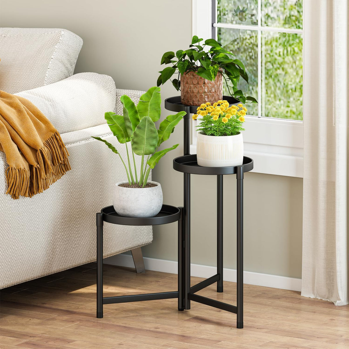 Plant Stand indoor outdoor - 3 Tier black Tall Metal Flower Pot Holder Potted Display Rack - Heavy