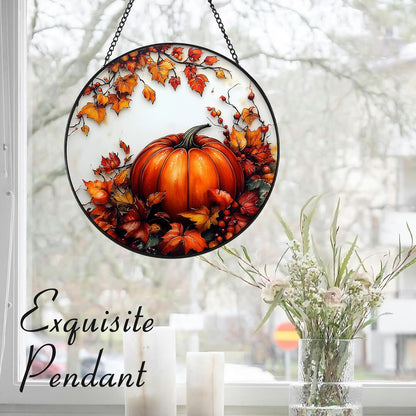 Pumpkin Maple Leaf Suncatcher -7.9 in Stained Glass Window Hanging Sun Catcher Garden Decor
