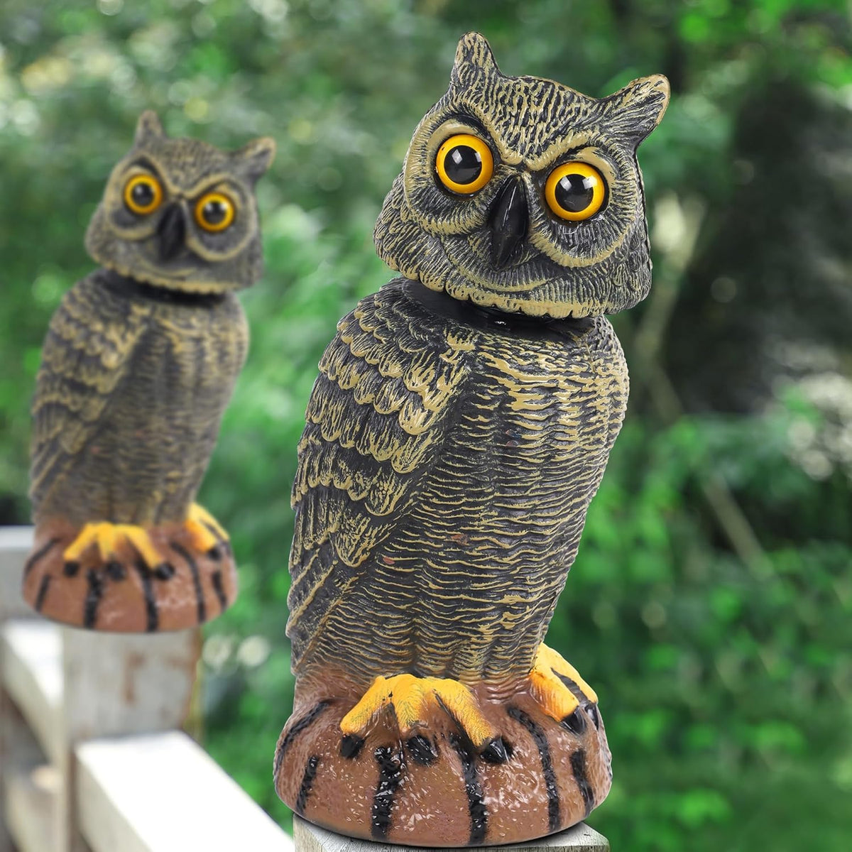 Hausse 2 Pack Bird Scarecrow Fake Owl Decoy Sculpture, 10.6 Inch Height Golden Rotating Head