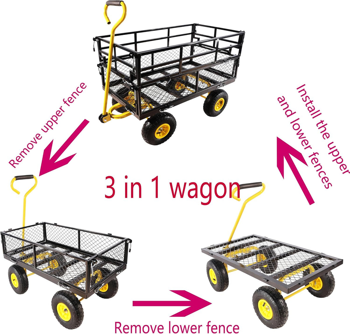 Heavy Duty Garden Wagon with Foldable Sides, Pneumatic Tires, Adjustable Handle (Yellow + Black