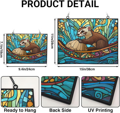 Rectangle Boho Ferret in Walnut Shell Stained Glass Suncatcher Window Hanging, Gothic Dragon