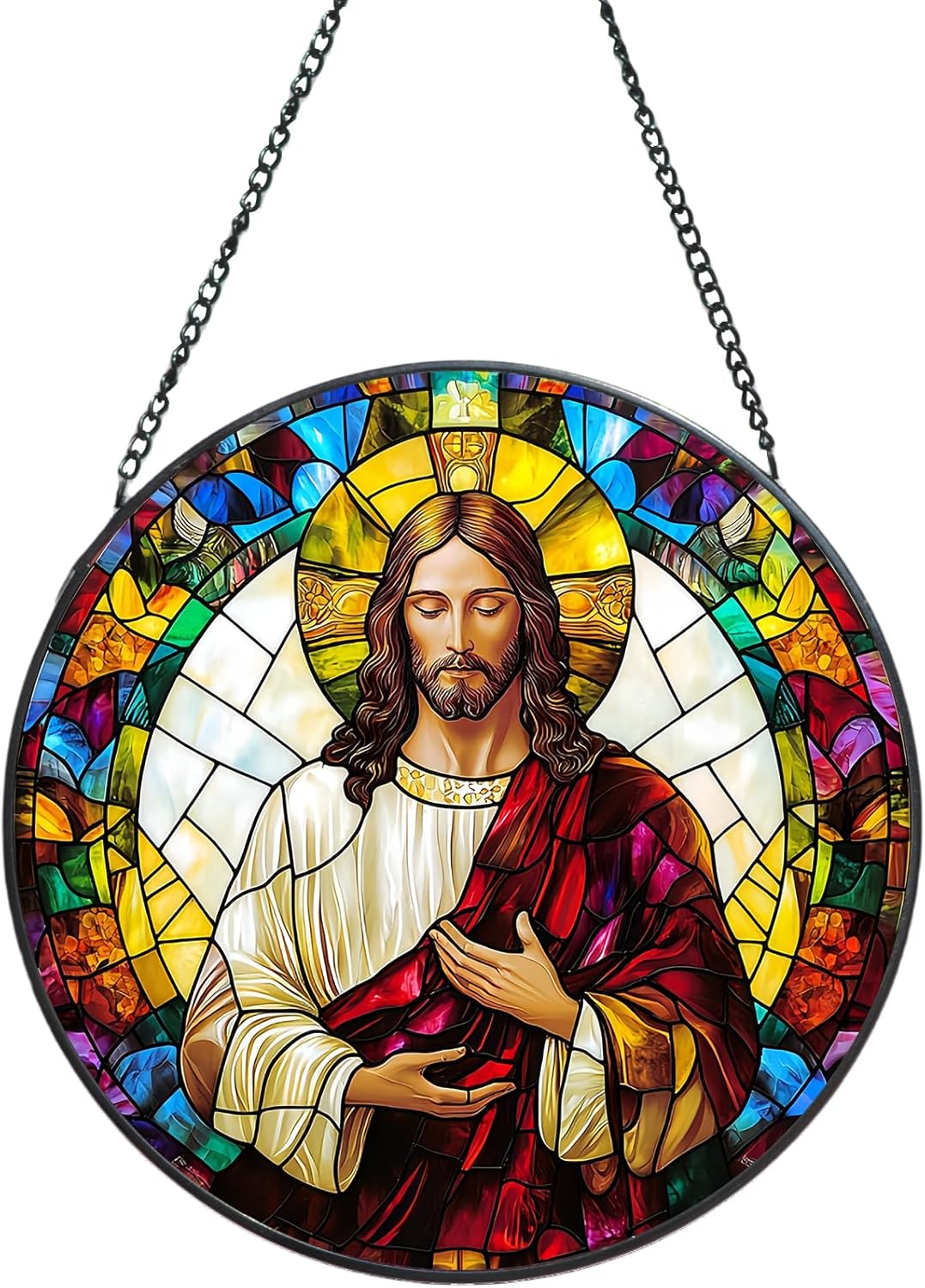 Suncatcher Stained Glass Window Hanging - Jesus Christ Glass Panel with Metal Chain and Hooks
