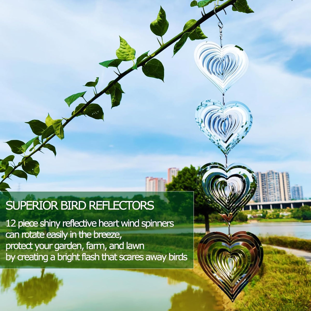 DJUAN Heart Bird Scare Discs Set-Highly Reflective Double-Sided Bird Reflectors,Extra Sparkly Metal