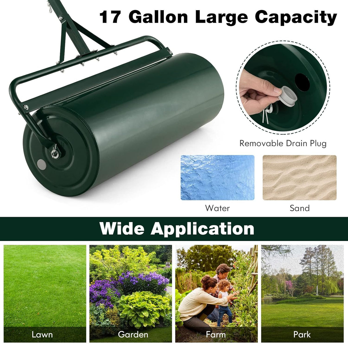 Goplus Push/Tow-Behind Lawn Roller, 17 Gallon/63L Water/Sand-Filled Sod Drum With Detachable