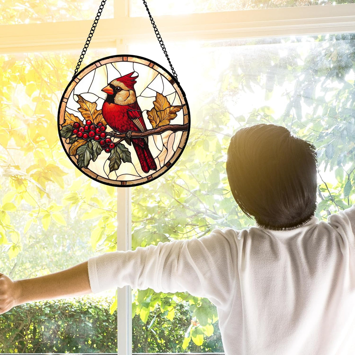 Stained Glass Window Hanging, Birds on a Branch Cardinal Sun Catchers Diamond Glass Panel Hangings