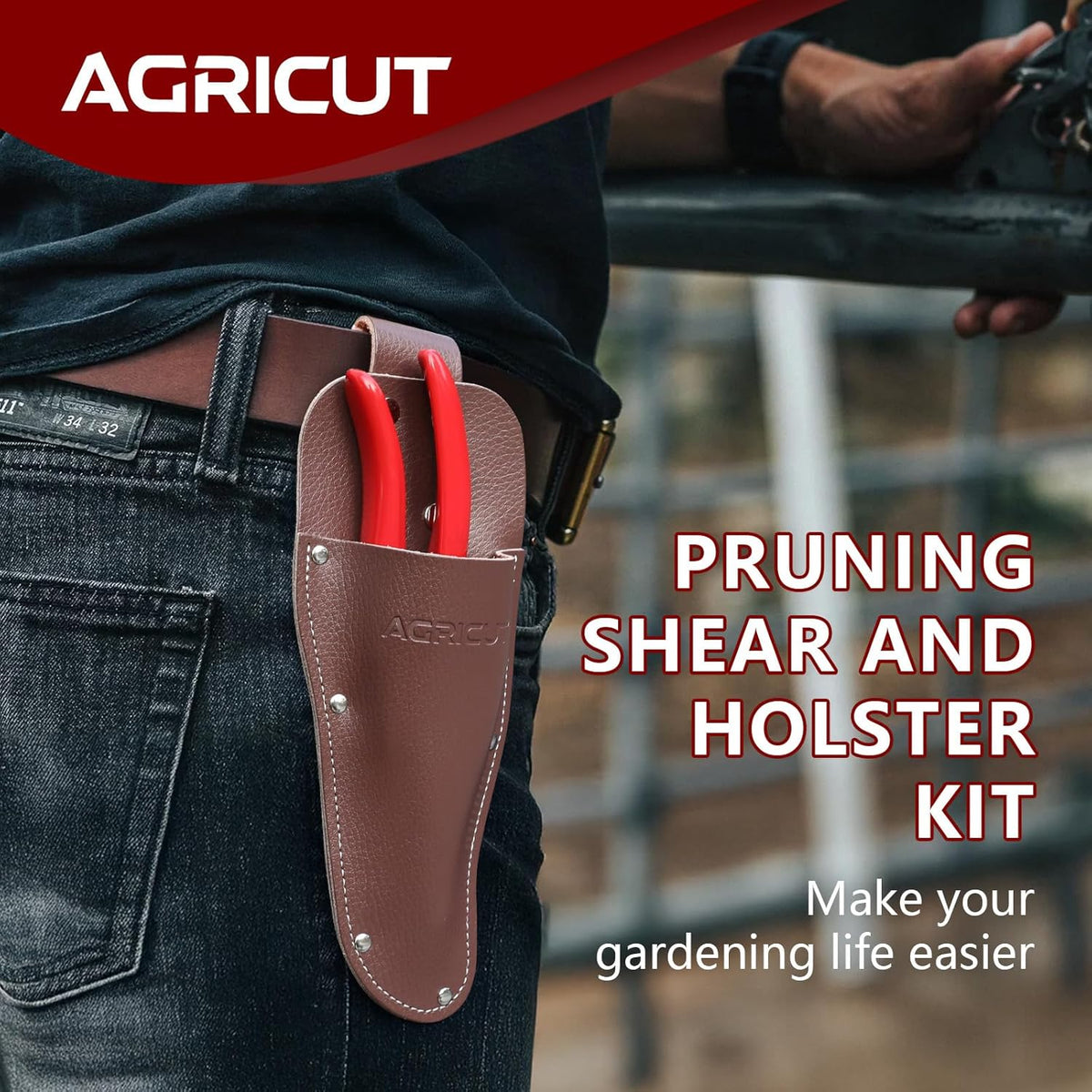 AGRICUT Pruner and Leather Holster - 1 Inch Cut Capacity Hand Clippers PU Holster for Pruning Shears
