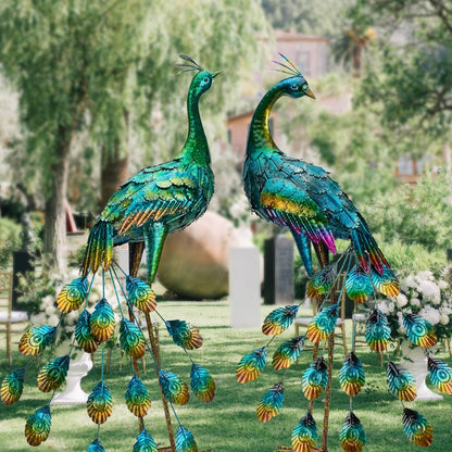 Kircust Metal Peacock Sculptures - Set of 2 Outdoor Garden Yard Art, Durable Weather-Resistant Lawn