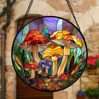 Stained Glass Window Hanging, Jungle Mushrooms Sun Catchers Diamond Glass Panel Hangings Plant