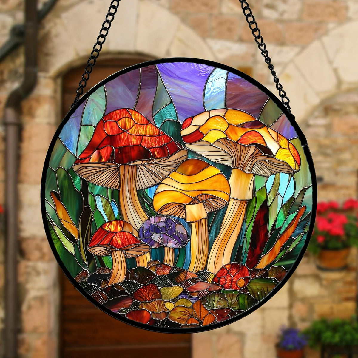 Stained Glass Window Hanging, Jungle Mushrooms Sun Catchers Diamond Glass Panel Hangings Plant