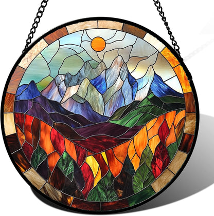Stained Glass Window Hanging Orange Sun Colorful Mountains Landscape Large 11.8" - Suncatcher Door