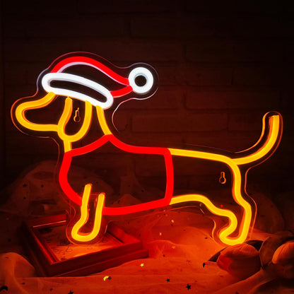 Dimmable Dachshund Neon Sign - Cute Dog with Christmas Hat - Led Light Sign for Home, Bedroom