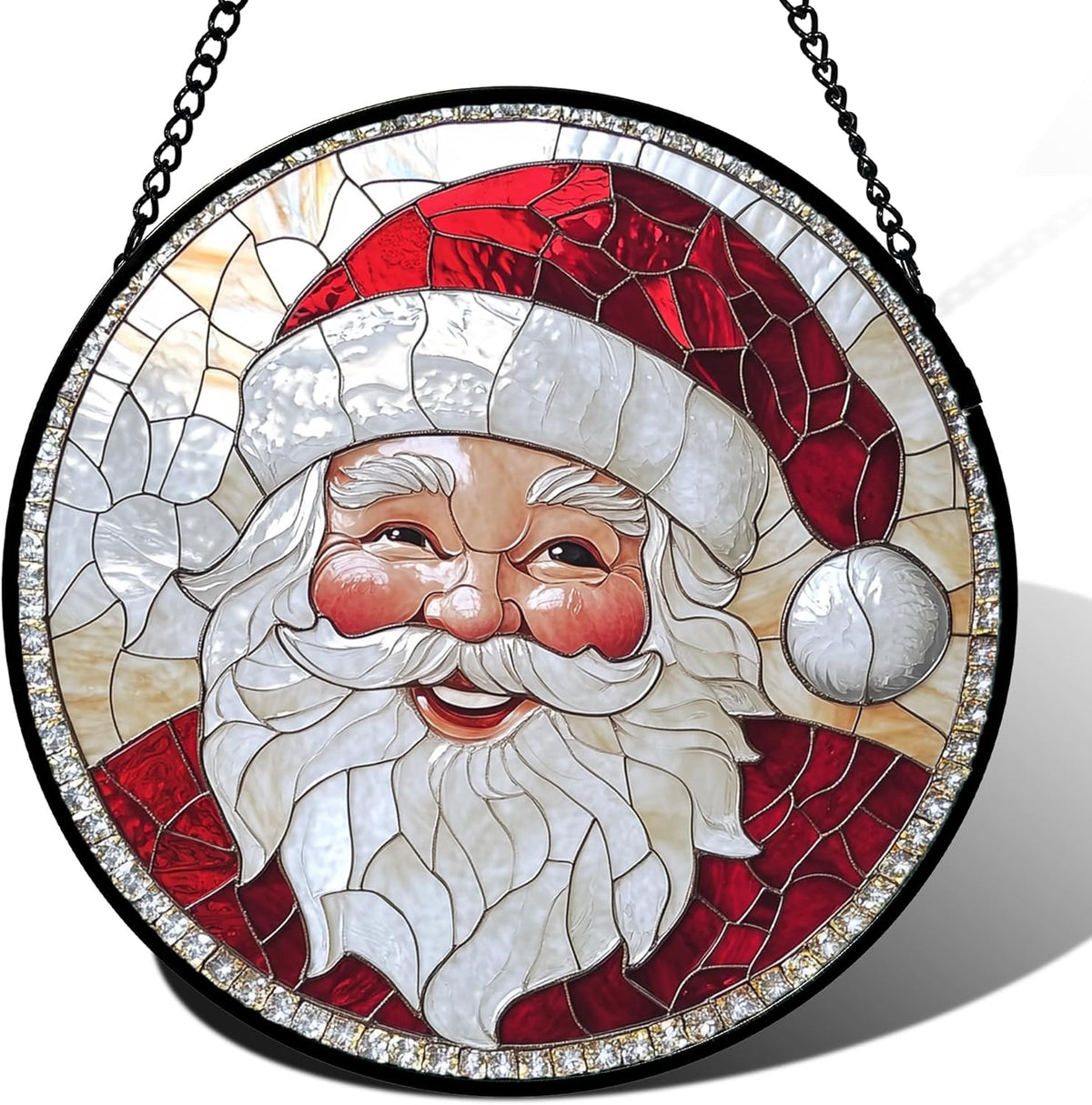 Stained Glass Window Hanging - Santa Claus with White Beard Suncatcher for Doors Home Christmas