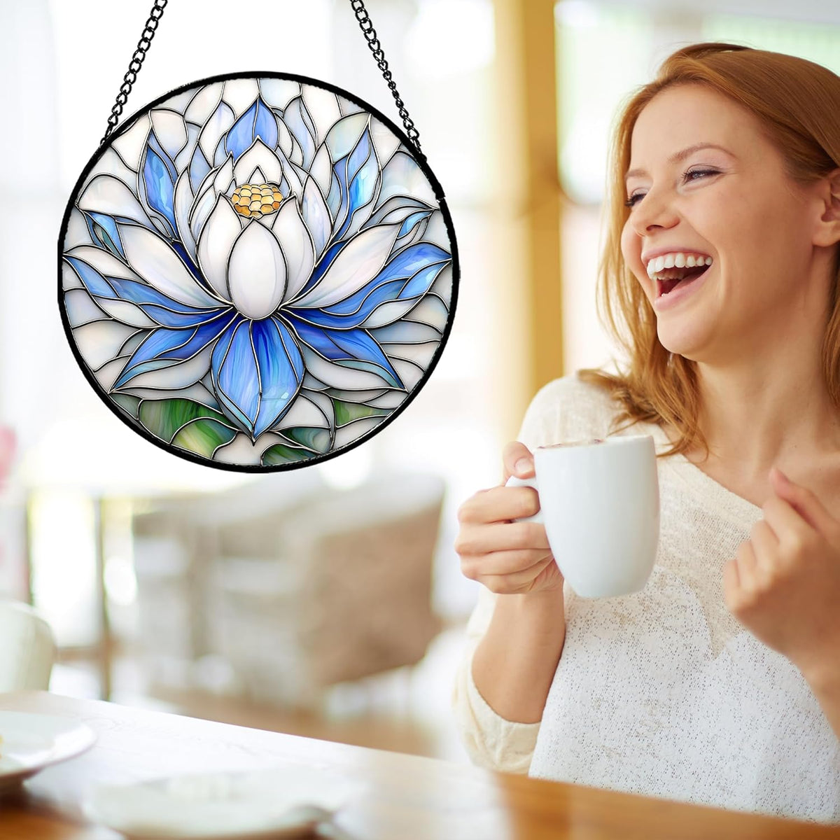Stained Glass Window Hanging - Blue and White Lotus Petal Suncatcher for Doors Window Home Sun