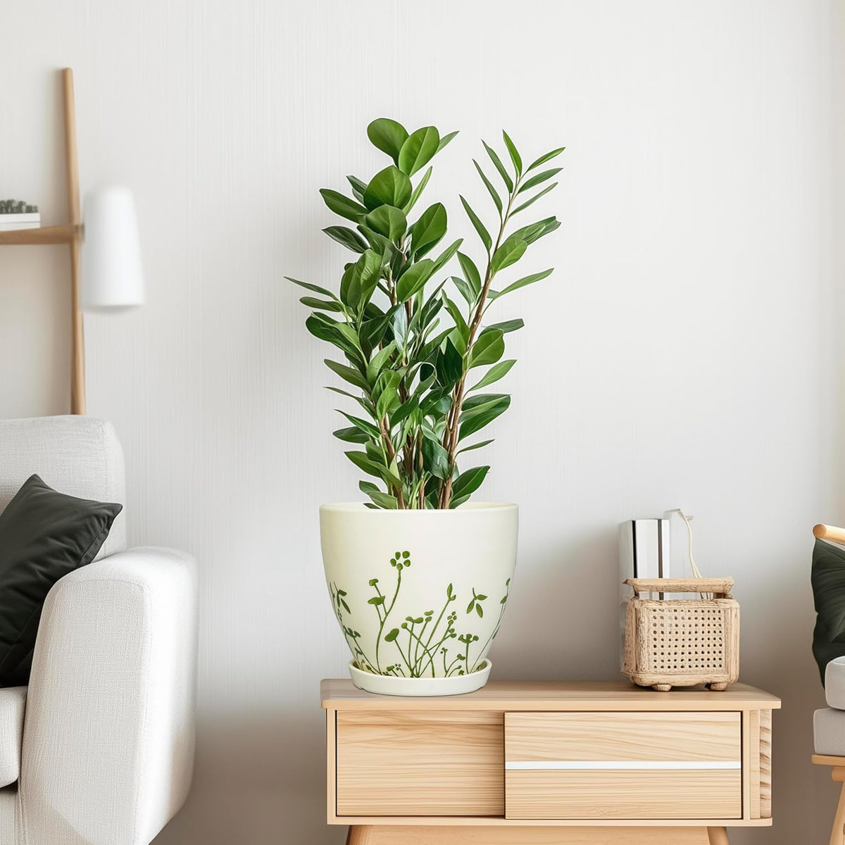 Indoor Plant Pot 8.2 Inch - Ceramic Planter with Drainage Hole and Saucer, Boho Round Decorative