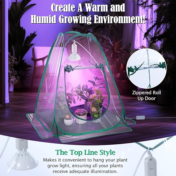 Meonum Mini Greenhouse with 10W 200 LED Grow Light Bulbs for Indoor, 27" x 27" x 30" Pop Up Small