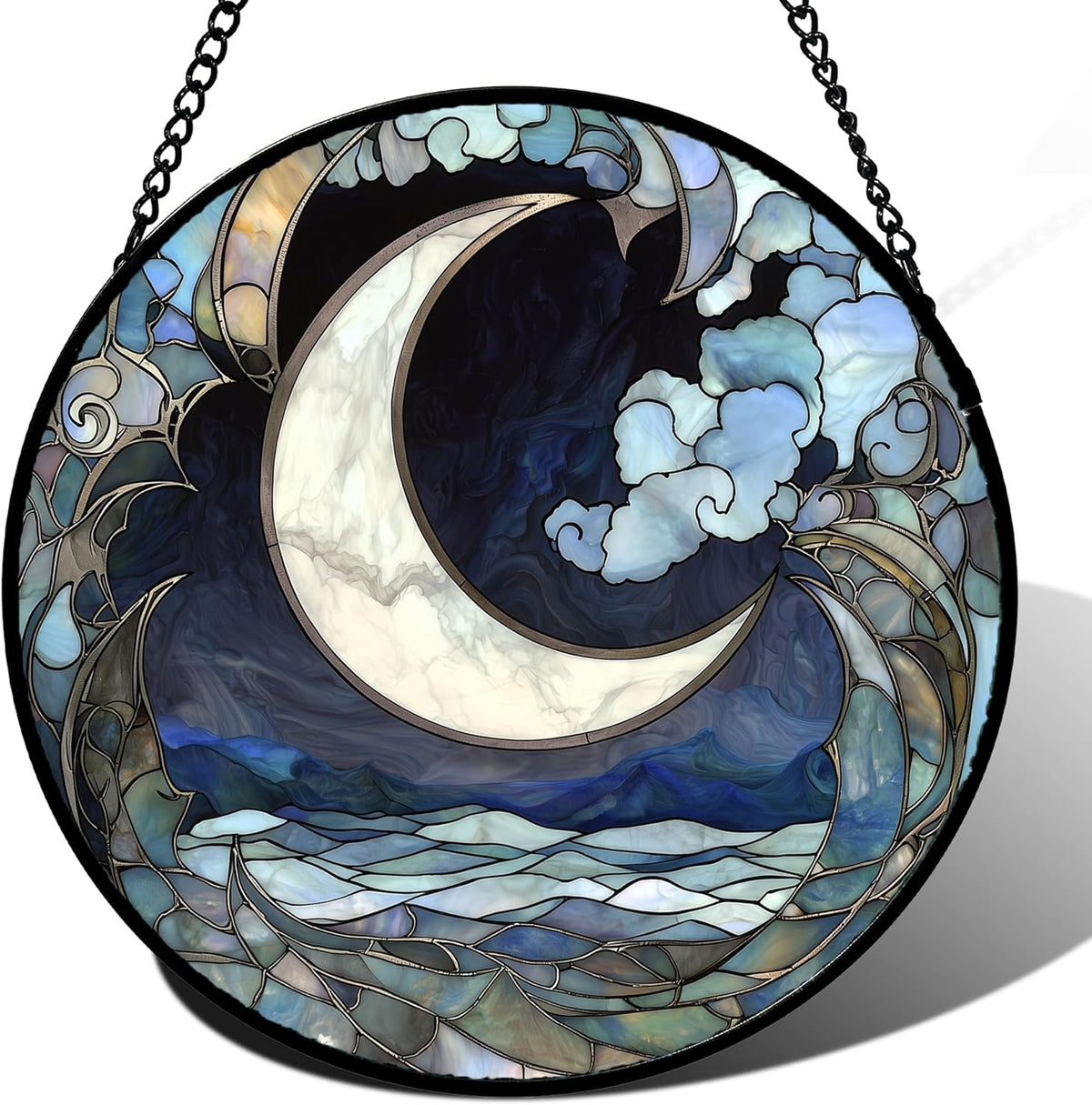 Stained Glass Window Hanging - Abstract Sea of Clouds Moon Sun Catcher for Door Terrace Garden Home