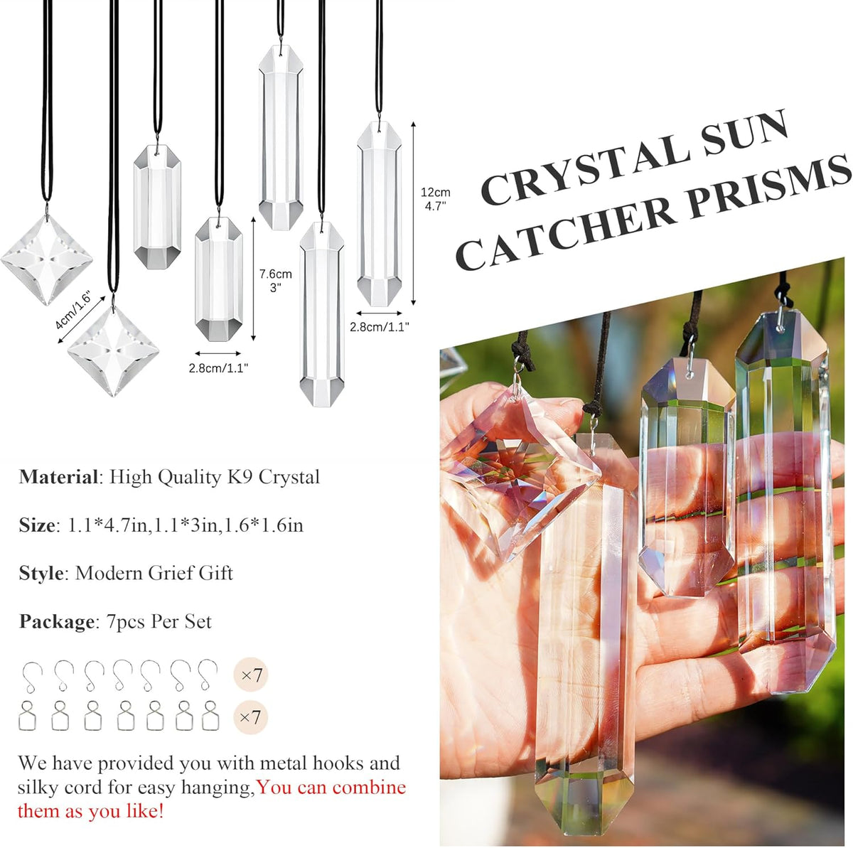 HDCRYSTALGIFTS Modern Grief Gift,Set 7 Clear Crystal Prisms Suncatchers Hanging Ornament,Rainbow
