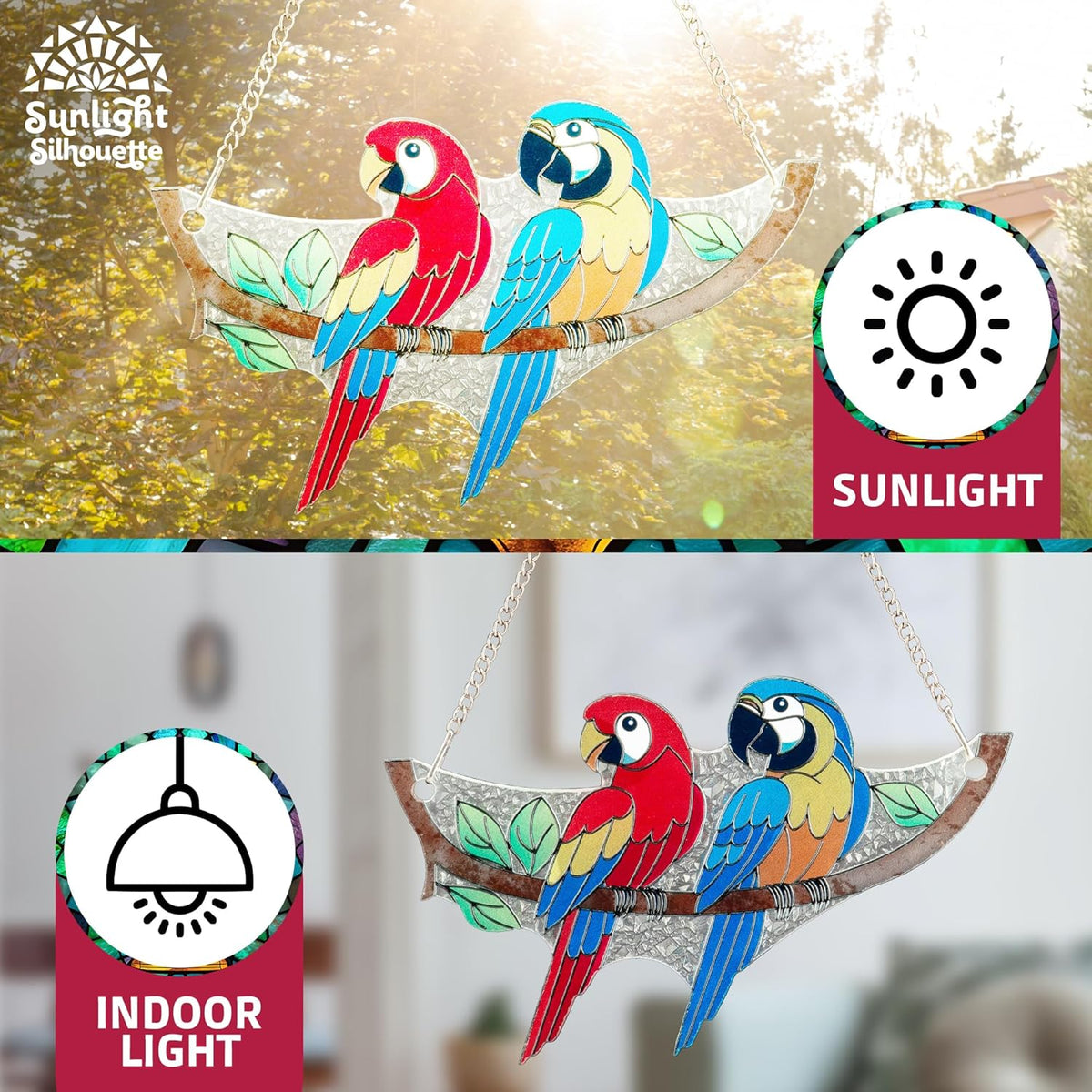 Macaw Bird Stained Glass Suncatcher on Branch 6.4" x 4" Indoor Window Decoration, Ideal Gift for