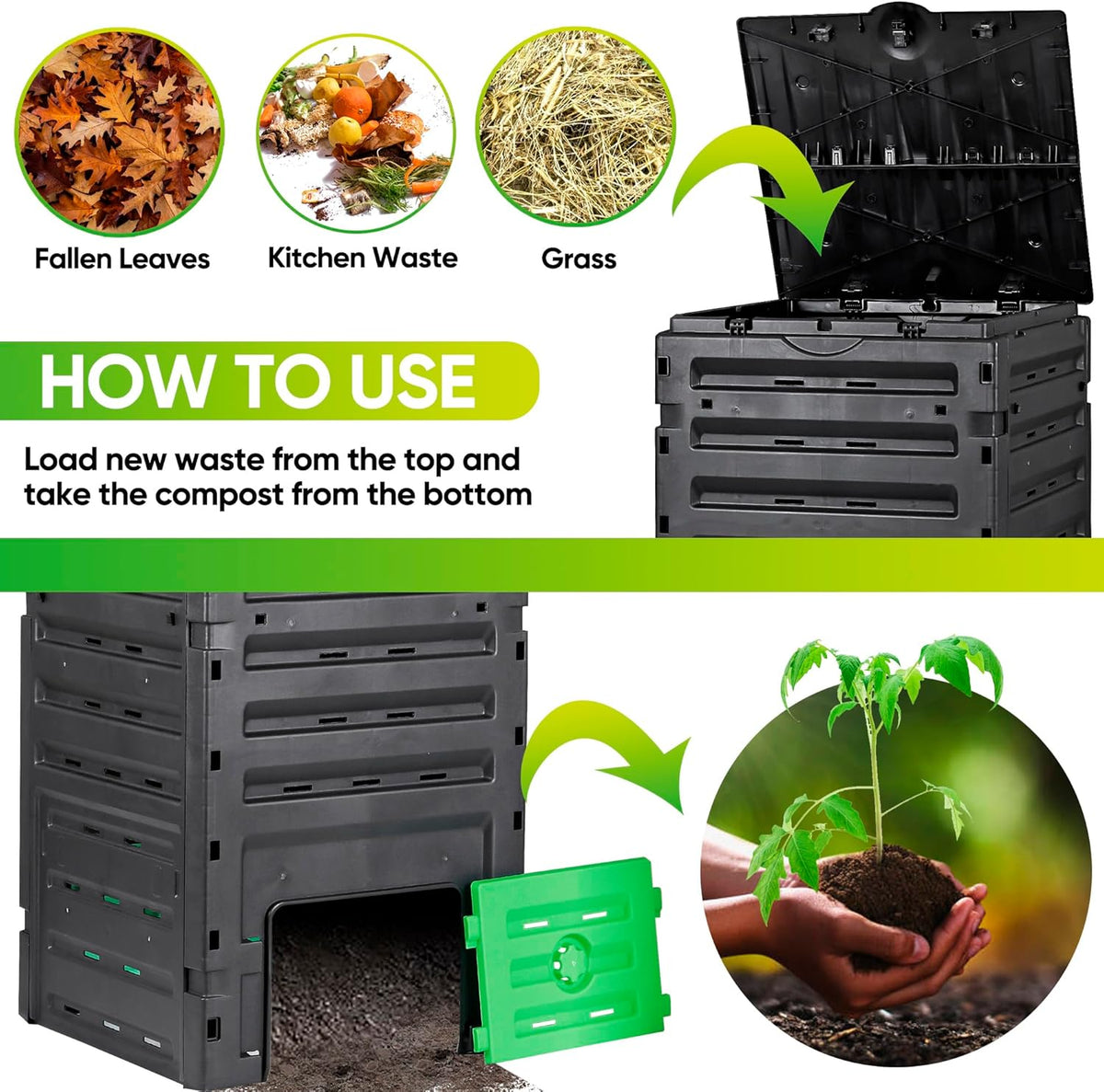 120 Gallon (450L) BPA Free Garden Compost Bin - Easy Assembly, Aerating Outdoor Compost Box for