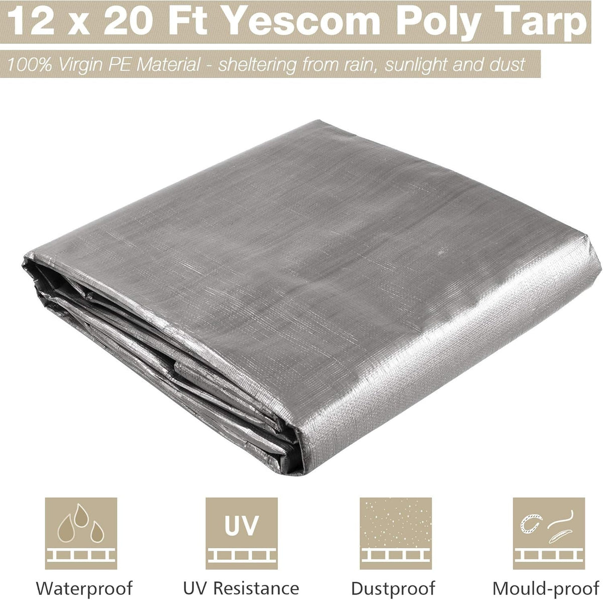 Yescom 12x20 Ft 14 Mil Heavy Duty Reinforced Poly Tarp Reversible Waterproof Tarpaulin Ground Sheet