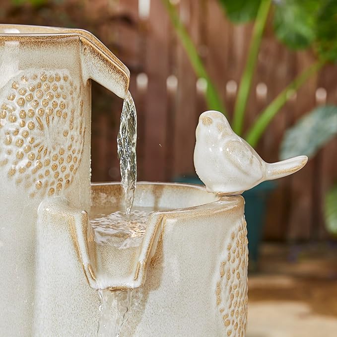 Glitzhome 31.75" H Outdoor Water Fountain with LED Lights and Pump, 4 Tier Dandelion Texture Vase