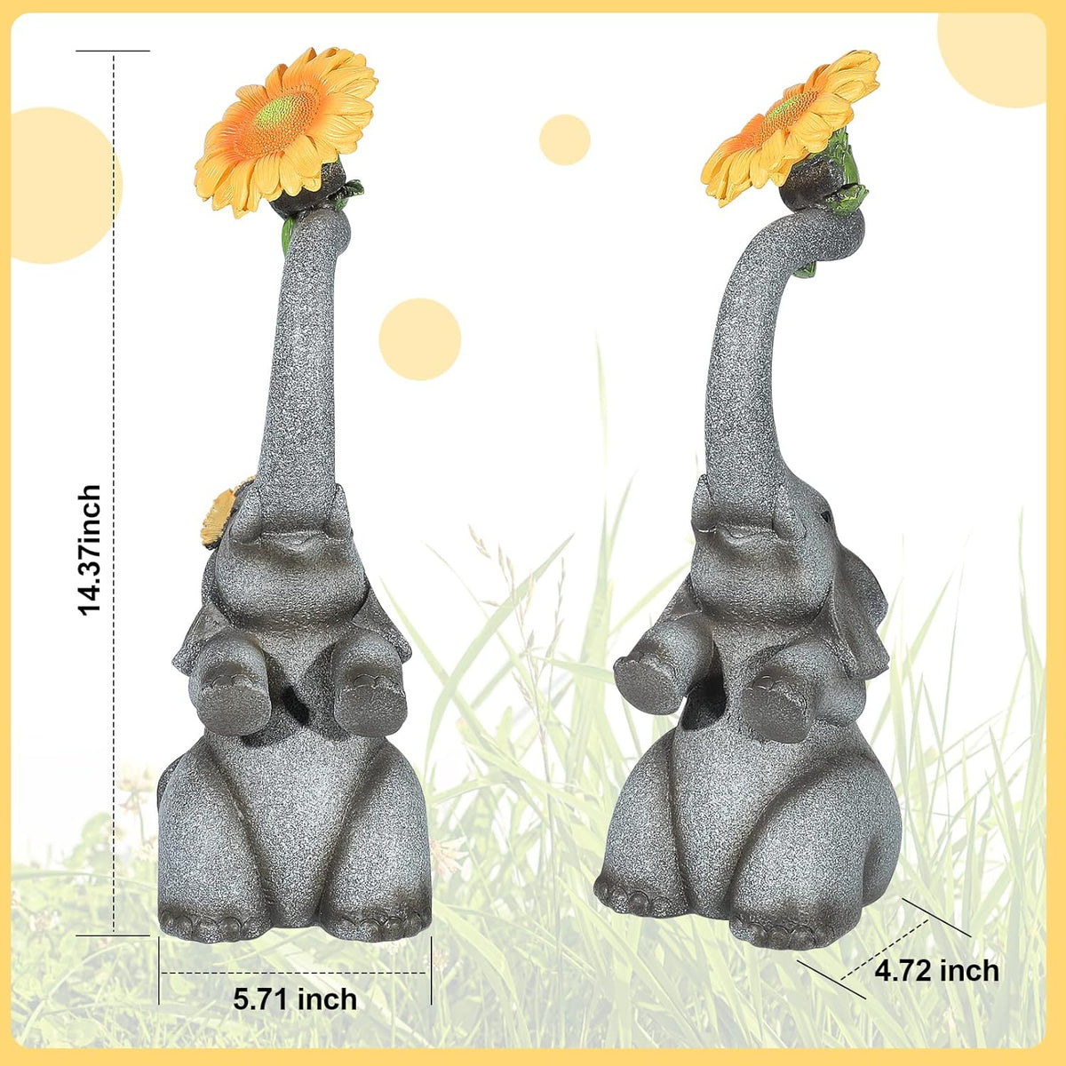 Elephant Sunflower Garden Decor, 14.3" Solar Large Garden Statue, Outdoor Yard Decor, Gifts for