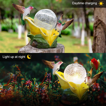 Solar Garden Statue Hummingbird Figurine - Hummingbird Flower Carry Magic Orb Solar LED Lights for