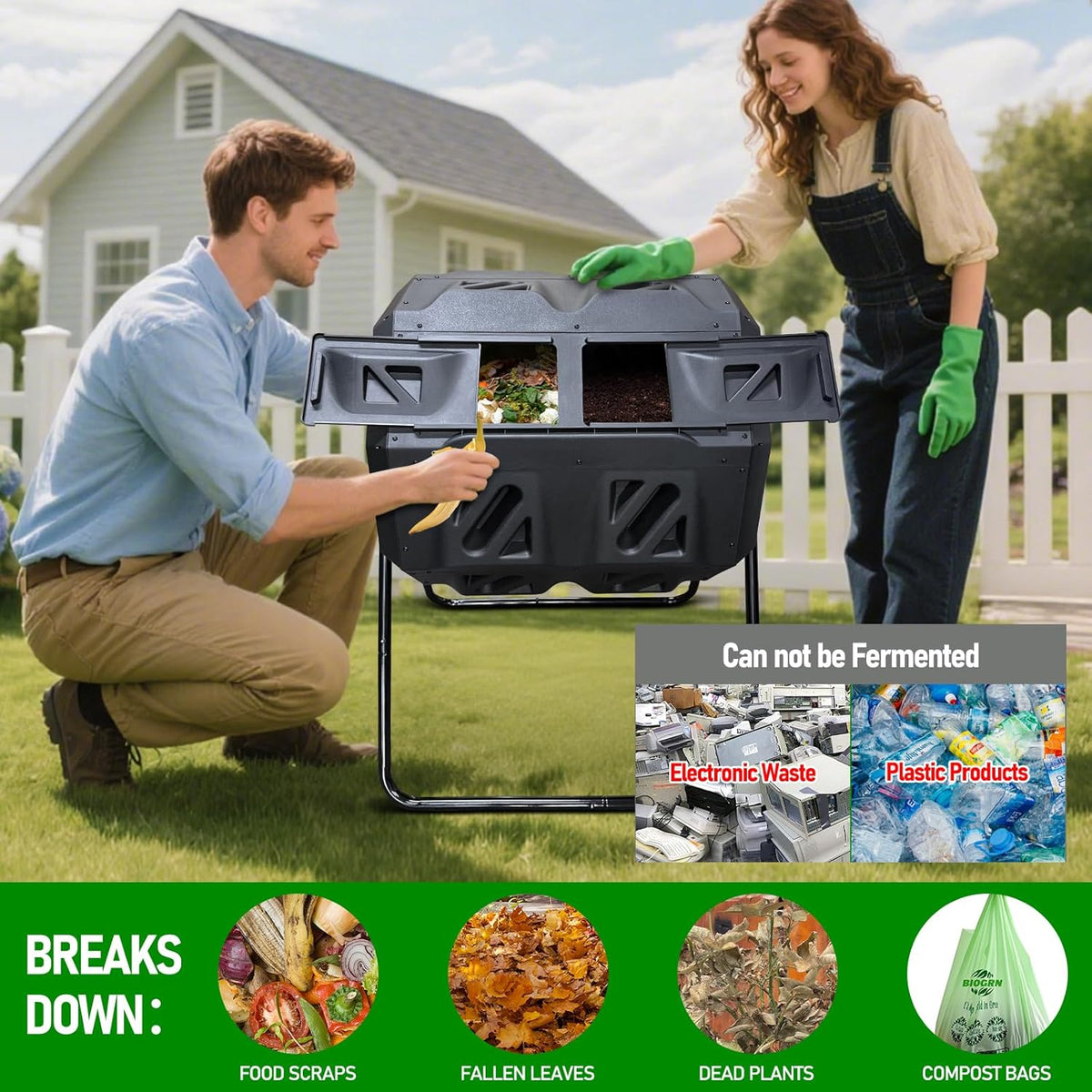 Compost Bin, 43 Gallon Dual Chamber Composter Tumbler Outdoor with 2 Sliding Door and Aeration