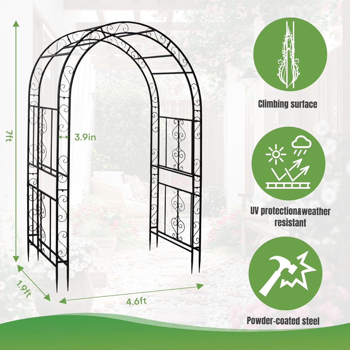 7FT Black Garden Arbor Trellis, Outdoor Metal Garden Arch for Climbing Plants Flowers Vines, Metal