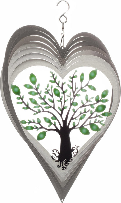 ISEO Silver Heart Wind Spinner for Yard and Garden, Hanging Outdoor Decor, Porch and Patio