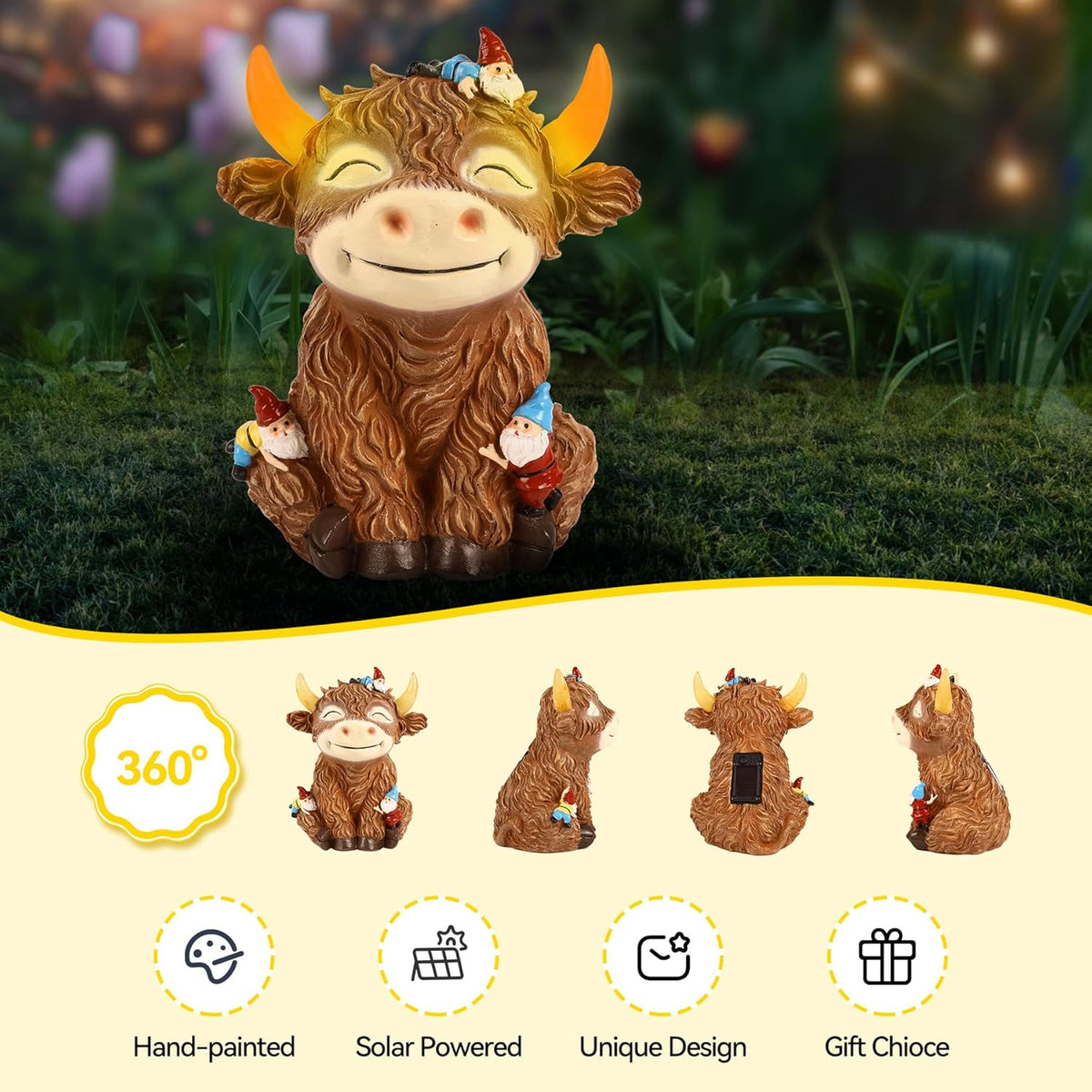 Solar Garden Statue Highland Cow Figurine with Funny Gnomes Garden Outdoor Decor for Yard Patio