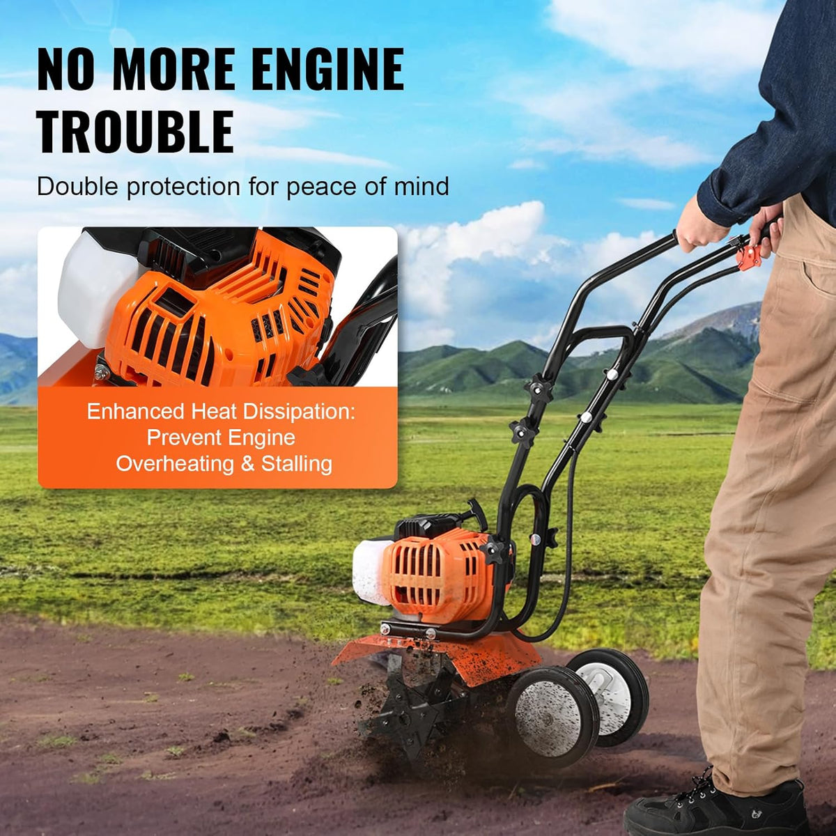 VEVOR Tiller Cultivator Gas Powered, 43CC 2-Stroke Garden Cultivator, Tiller with 4 Steel