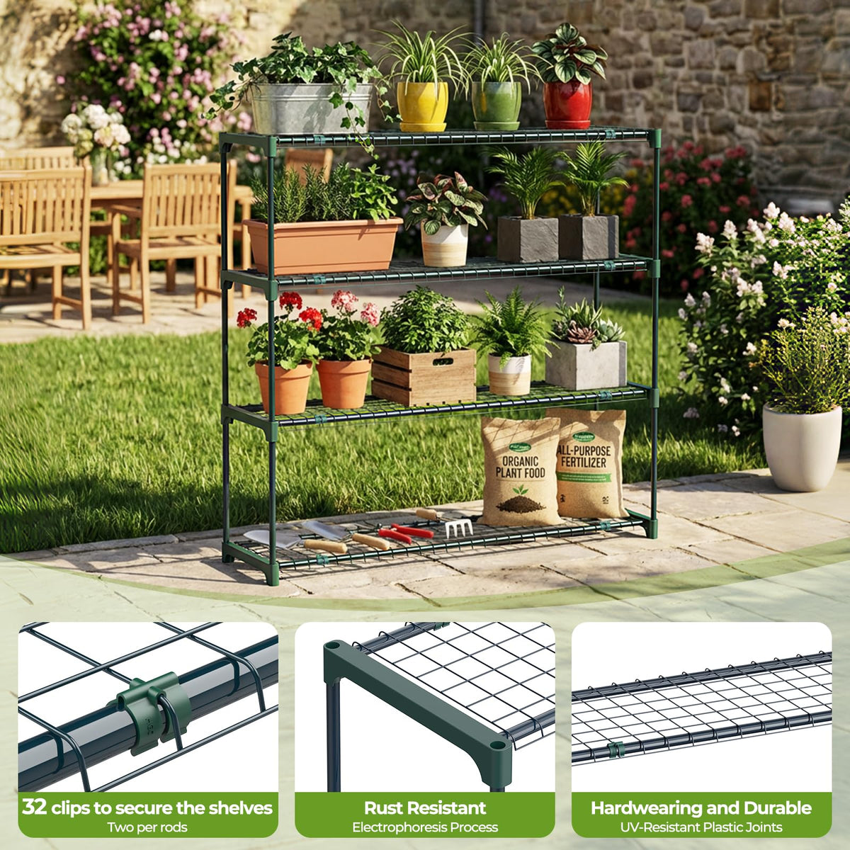 Ohuhu Plant Greenhouse Shelves 4 Tier 2 Pack Extra-Wide Stable Green House Shelving for Outdoor
