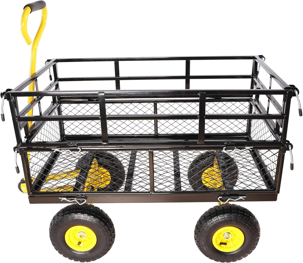 Heavy Duty Garden Wagon with Foldable Sides, Pneumatic Tires, Adjustable Handle (Yellow + Black