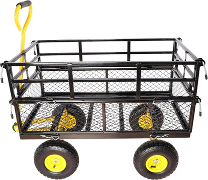 Heavy Duty Garden Wagon with Foldable Sides, Pneumatic Tires, Adjustable Handle (Yellow + Black