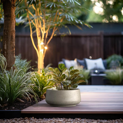 Kante 16.1" Dia Round Curvy Concrete Planter, Large Plant Pots with Drainage Hole and Rubber Plug