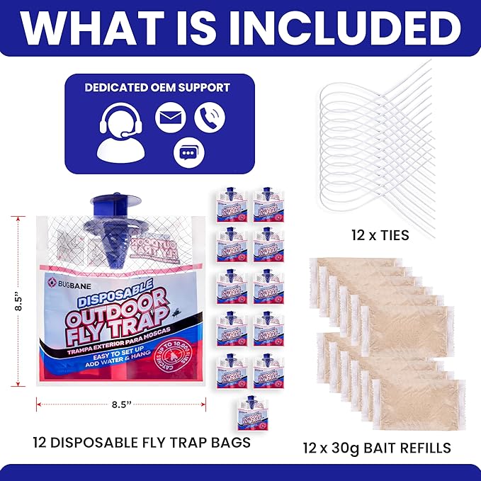 Fly Traps Outdoor Fly Trap for Patio. 12 Non-Toxic Pre-Baited Flies Bags Outdoor Disposable.
