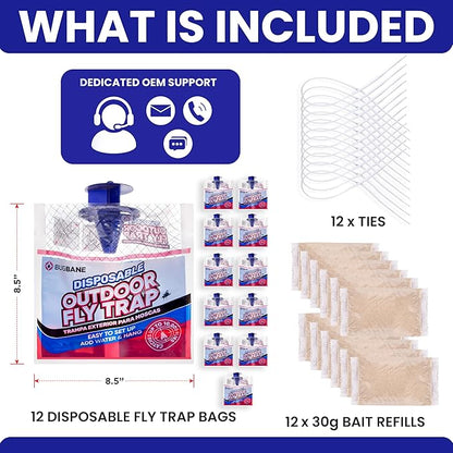 Fly Traps Outdoor Fly Trap for Patio. 12 Non-Toxic Pre-Baited Flies Bags Outdoor Disposable.