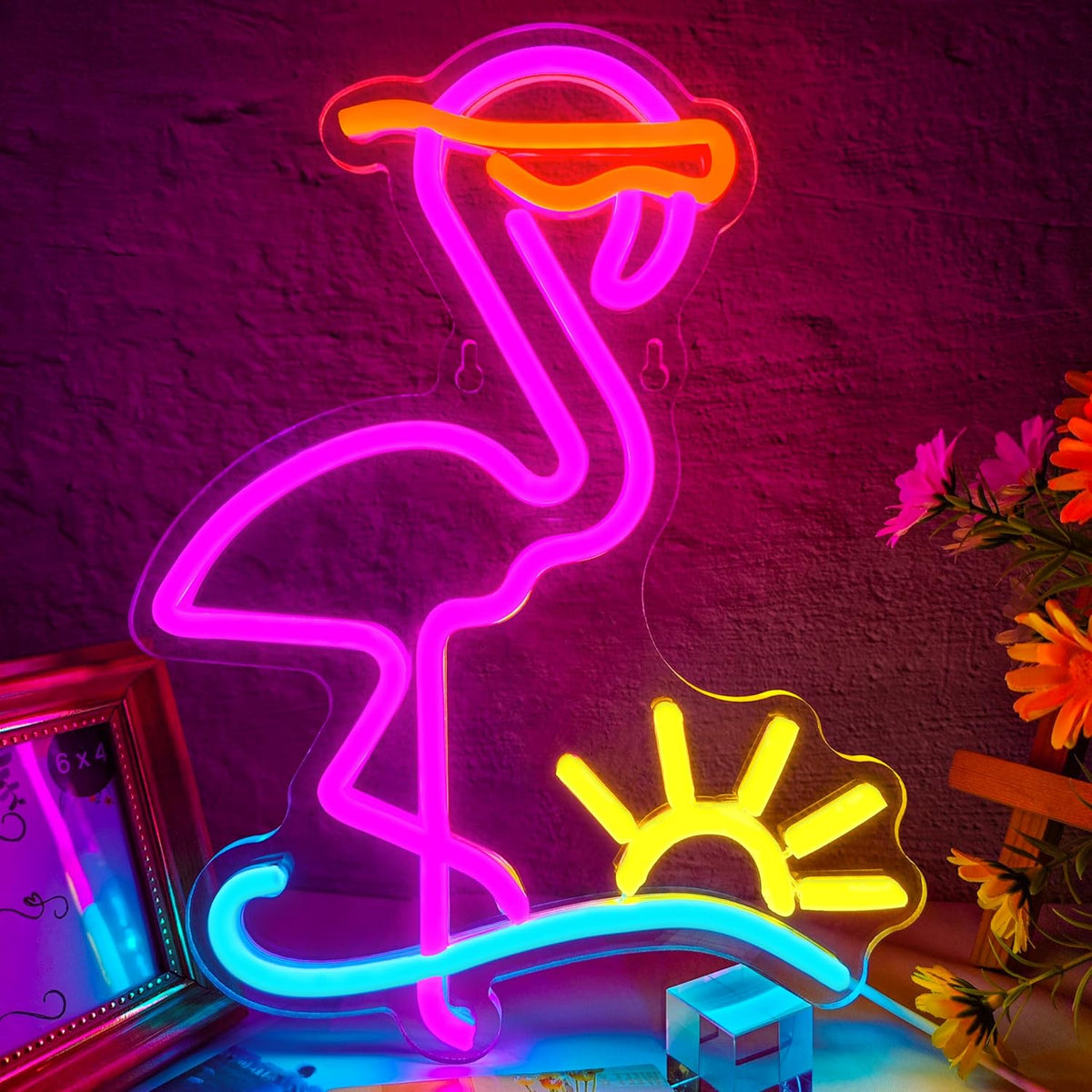 Flamingo Neon Sign Dimmable Flamingo Led Neon Lights Sun Wave Neon Signs for Bedroom Living Room