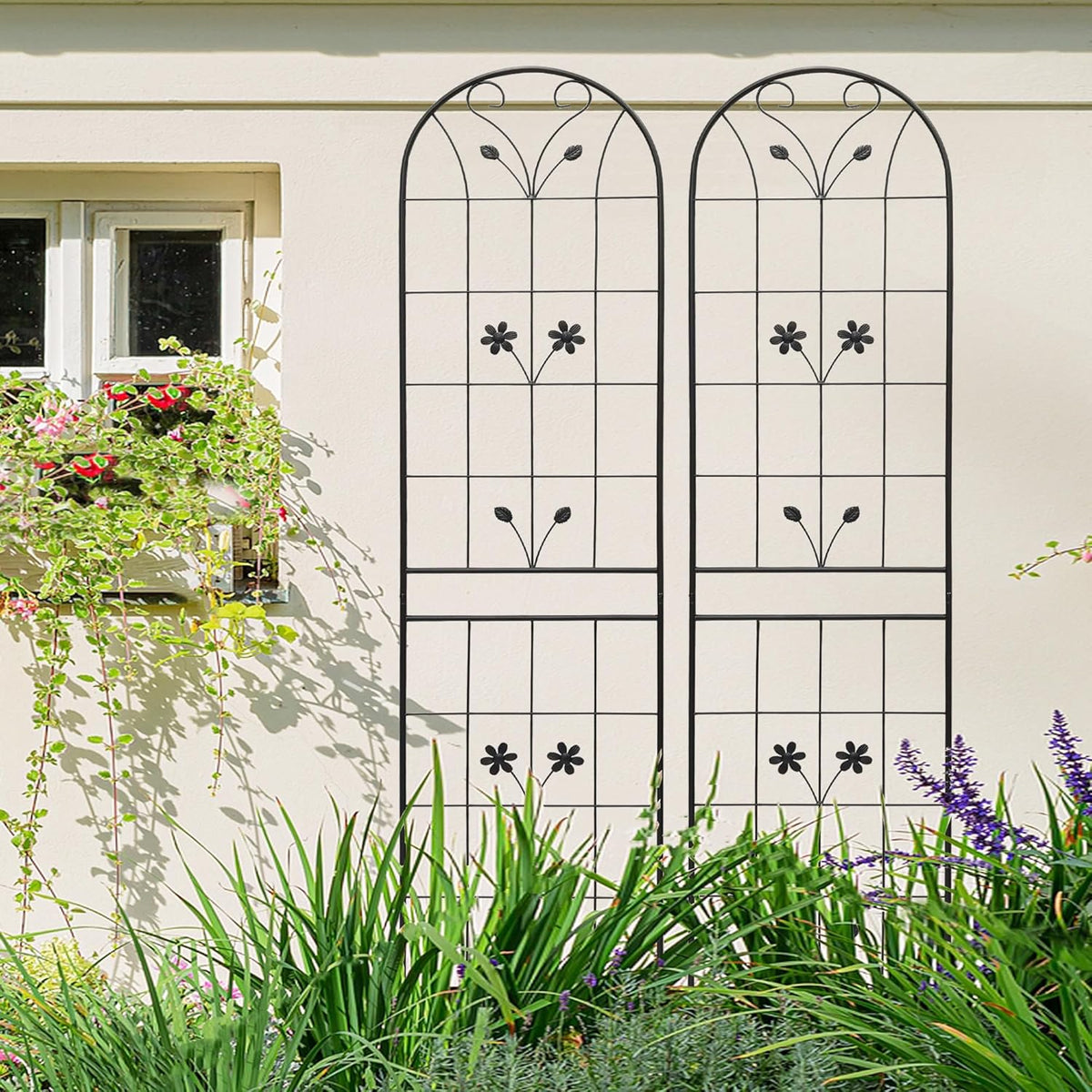 Garden Trellises, 2 Pack Black Metal Coated Rustproof Trellis for Climbing Plants Outdoor, Roses