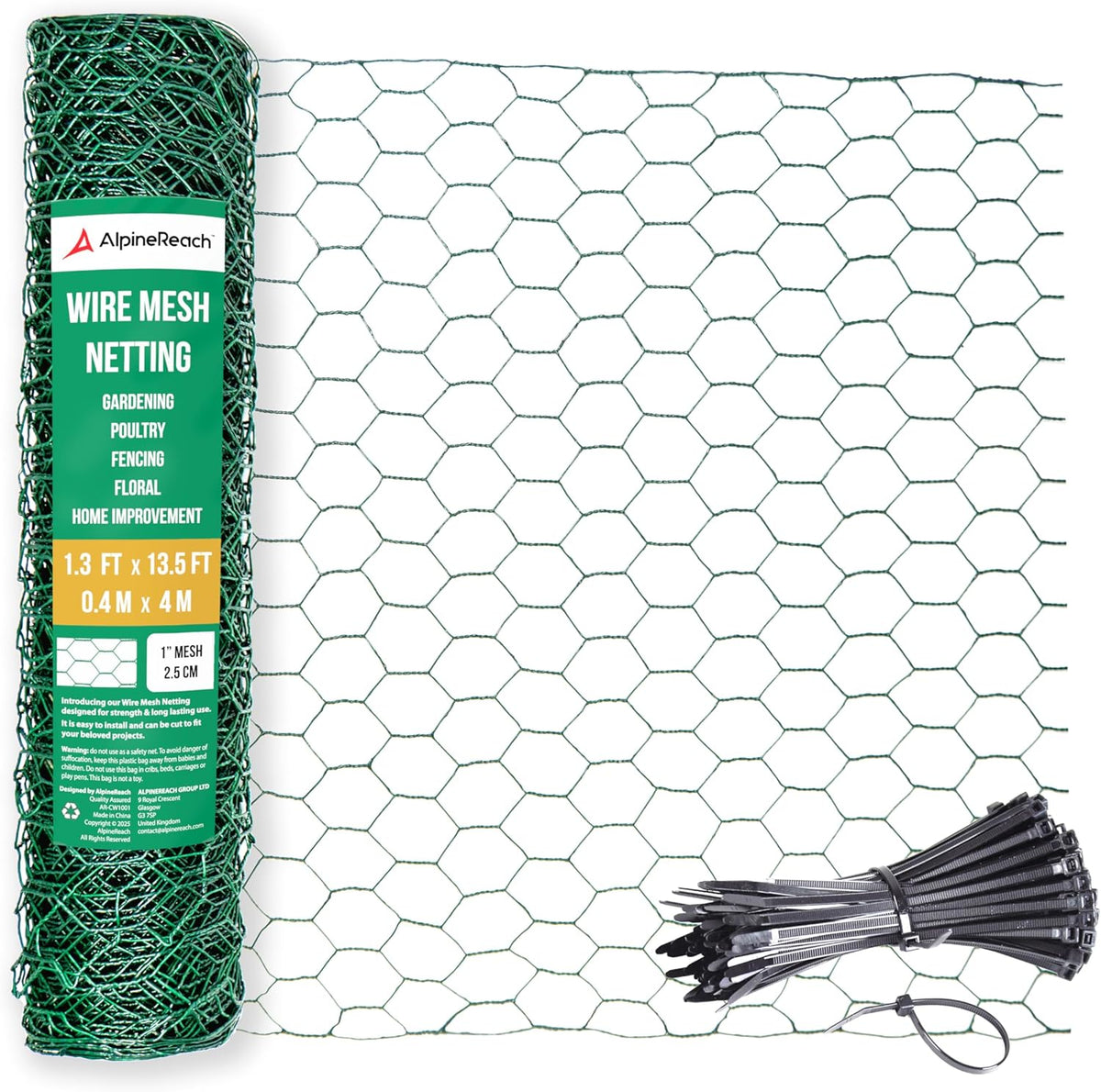 AlpineReach Chicken Wire 1.3ft x 13.5ft (15.6" x 162") for Floral Arrangements, Zip Ties - Green