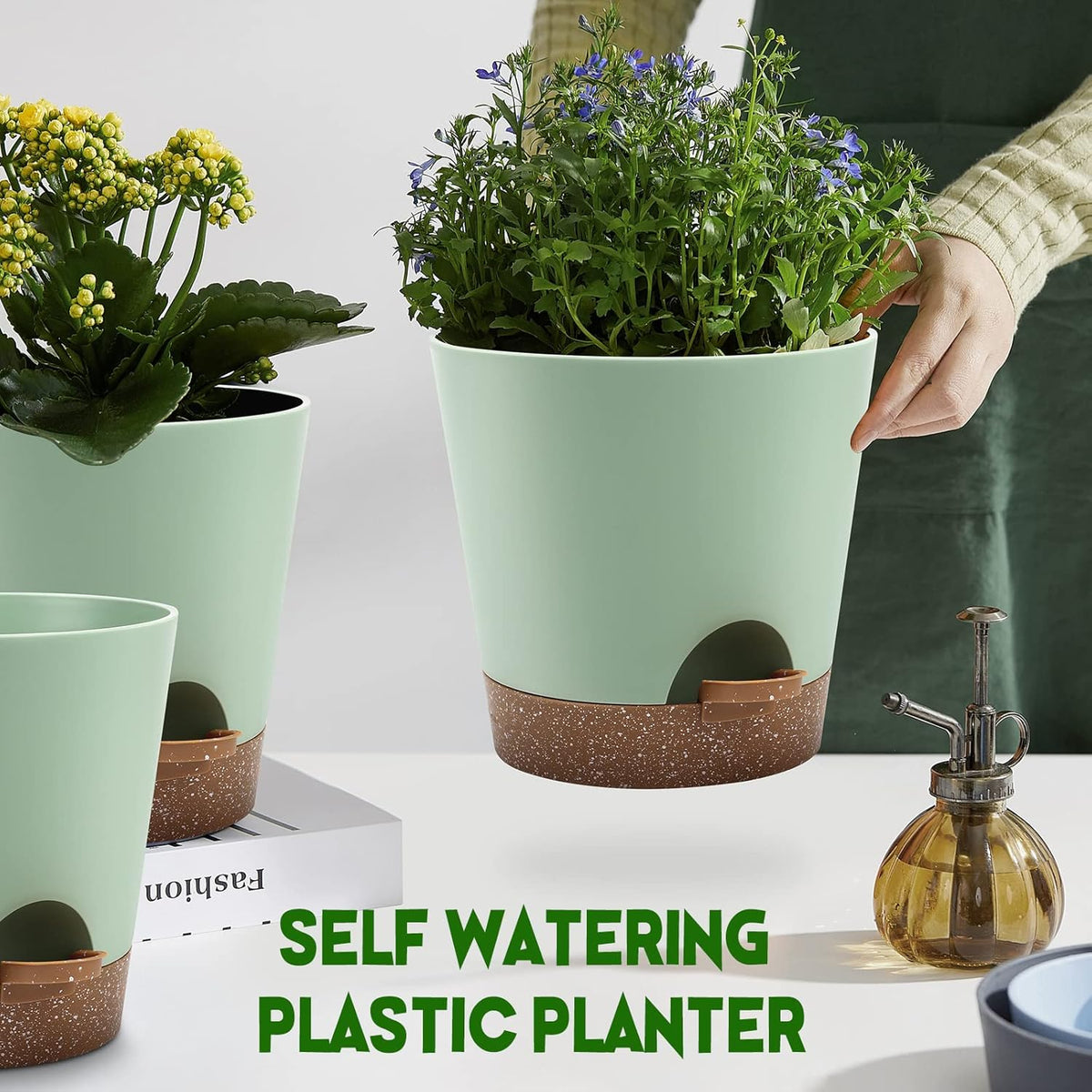 Indoor Self Watering Planters with Drainage Holes and Saucers, 9,8, 7.5 Inches, Green, 3 Pots