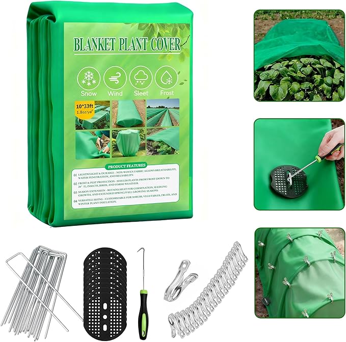 Plant Covers Freeze Protection kit，1.8 oz/yd²-10 ft x 33 ft Thickened Floating Row Cover for