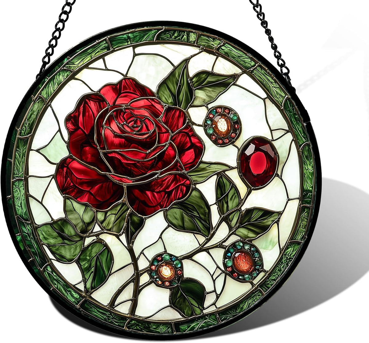 Stained Glass Window Hanging, Red Rose Gemstone Green Sun Catchers Diamond Glass Panel Hangings