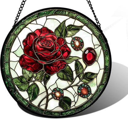 Stained Glass Window Hanging, Red Rose Gemstone Green Sun Catchers Diamond Glass Panel Hangings