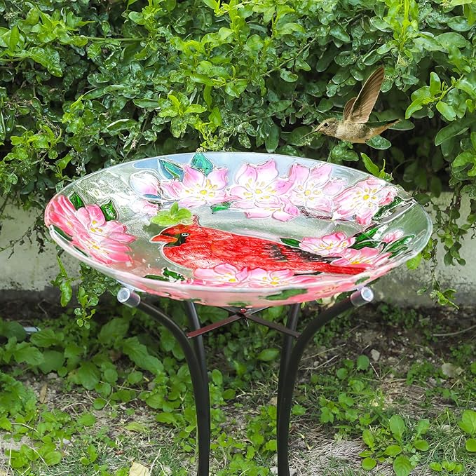 MUMTOP Outdoor Glass Birdbath with Metal Stand for Outside Lawn Yard Garden Cardinal