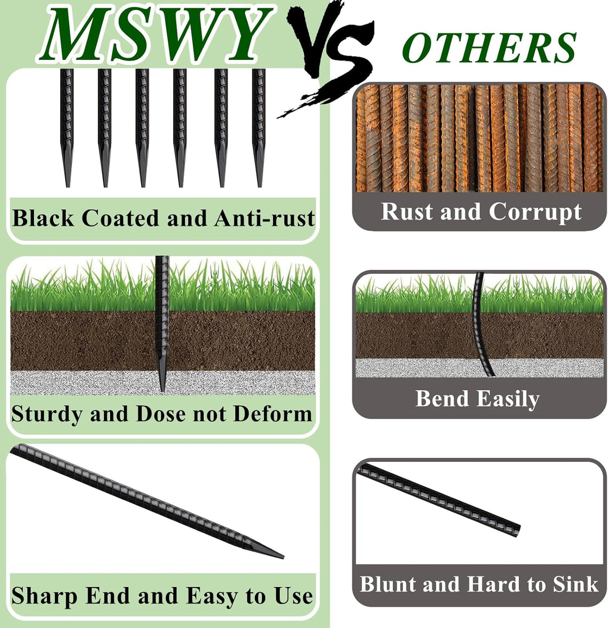 Rebar Stakes 16 Inch 20 Pack Heavy Duty Ground Anchors with Chisel Point End Long Straight Steel